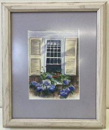 Signed Window With Hydrangea Watercolor Painting-Framed