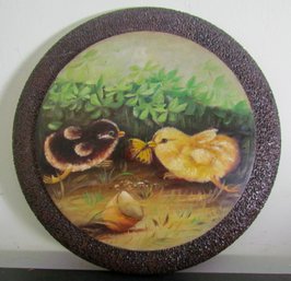 1911 Oil On Board Painting Of CHICKS WITH BUTTERFLY Signed R.E.D.