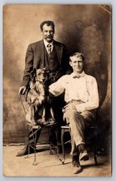 1910's Men With Pet Dog Real Photo Postcard RPPC