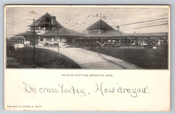 1903 Brockton MA Train Railroad Station Depot Early Postcard