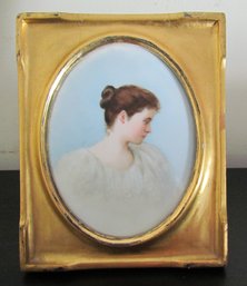 Antique Hand Painted Portrait Of Woman On Porcelain Tile-Framed