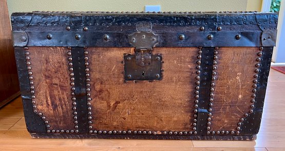 Antique French Steamer Trunk ~ Brass Tacks/leather Panels
