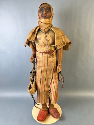 Vintage Arab Or Moroccan Doll Woman Carrying A Chicken Made Of Leather.