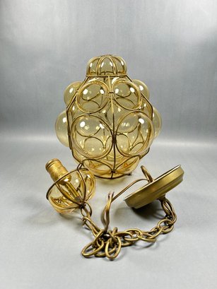 Vintage Seguso Murano Bubble Pattern  Glass  Metal Caged Pendant Hanging MCM Lamp