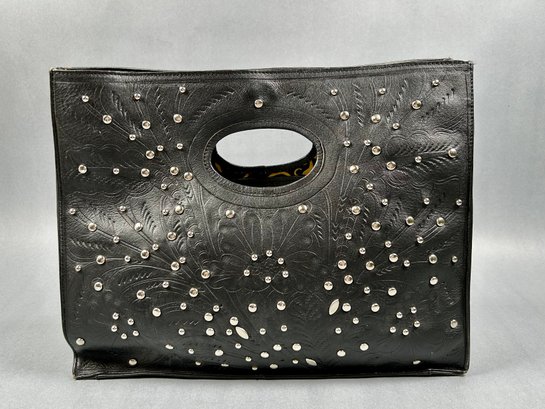 Black Studded Faux Tooled Leather Clutch Purse