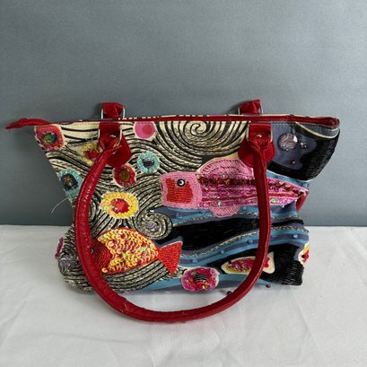 Beaded And Sequin Bag With Red Handles