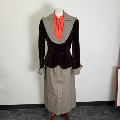 40s Custom Tweed Skirt And Brown Double Breasted Velvet Jacket With Orange Blouse Insert