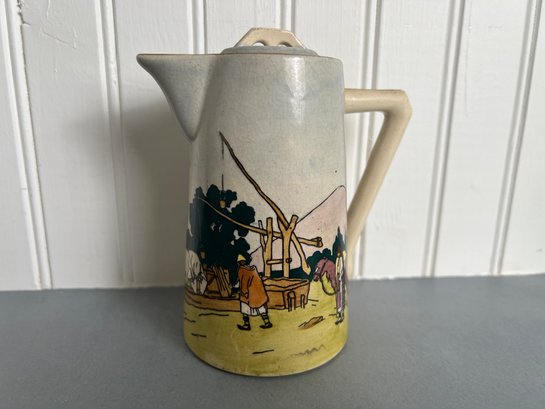 Vintage Pottery Small Coffee Pot With Farm Scene - Made In Hungry