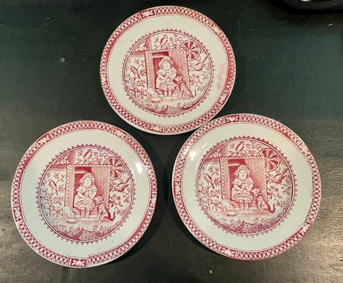 Set Of 3 Children's Red Transferware Plates