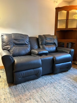 Navy Blue Double Leather Recliner With Drink Holders