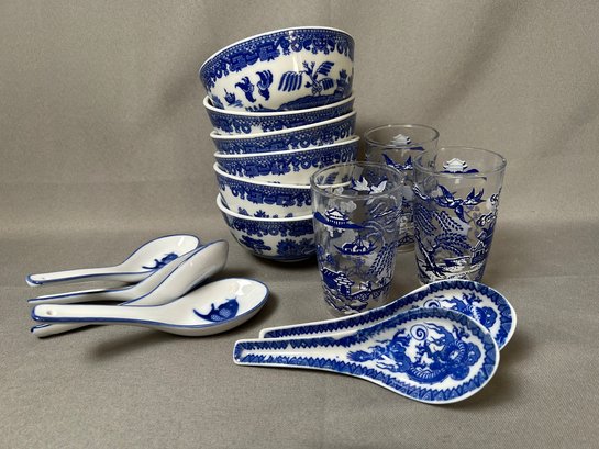 Lot Of Blue & White Bowls, Spoons And Glasses