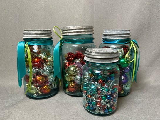 Lot Of 4 Vintage Blue Ball Jars Filled With Ornaments