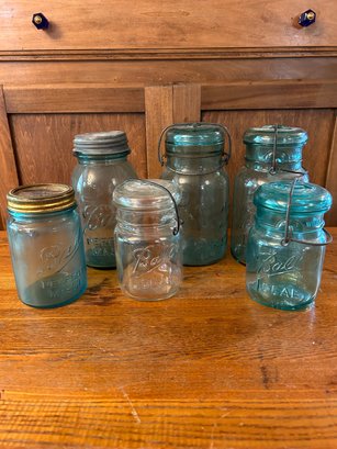 Group Of Vintage Blue & White Canning  Jars - Ball & Atlas