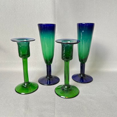 Group Of 4 Cobalt Green Handblown Candlesticks  And Champagne Flutes