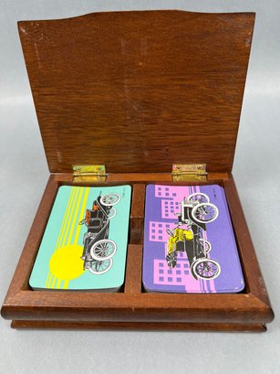 2 Sets Antique Car Playing Cards In A Wood Case.