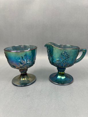 Vintage Blue Carnival Glass Sugar And Cream Pitcher.