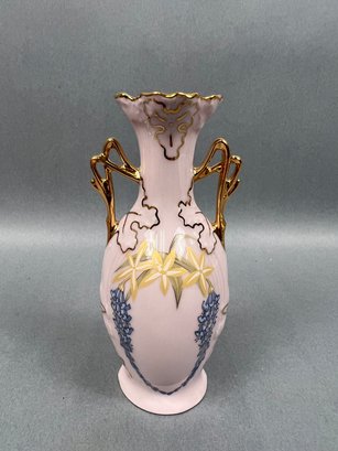Vintage Hand Painted Handled Vase Made In Czechoslovakia.