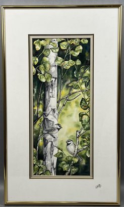 Original Susan LeBow Framed And Signed Watercolor Of Mountain Chickadees.