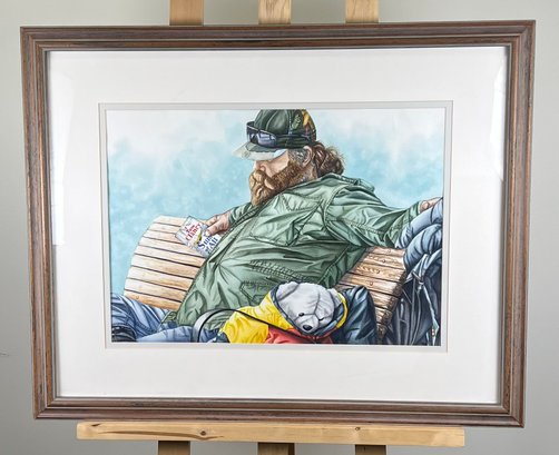 Original Susan LeBow Framed And Signed Watercolor Of A Man On A Bench, Just Resting
