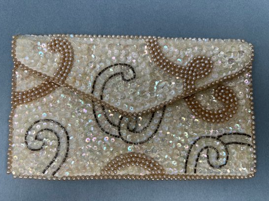 Off White Sequined Envelope Style Clutch.