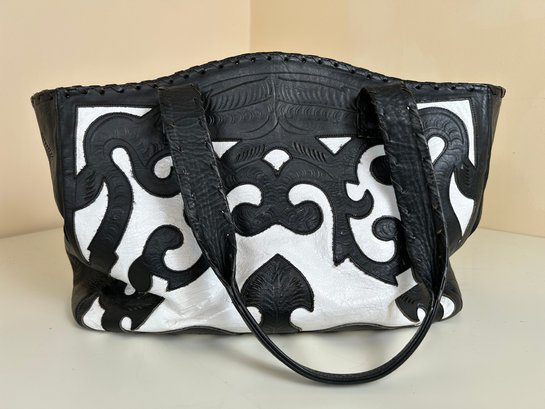 T. Saldivar Black And White Leather Tooled Bag