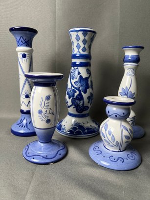 Lot Of 5 Blue And White Delft Style Candleholders.