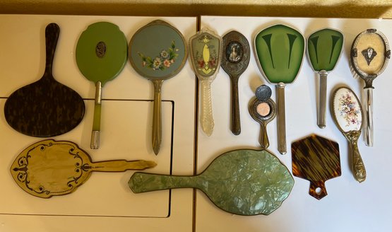 Lot Of 13 Vintage And Antique Hand Mirrors And Hair Brushes.