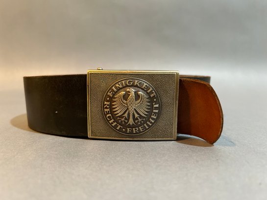 Vintage 1950-1970 West Germany Military Belt Buckle With Leather Strap - Einigkeit Recht Freiheit