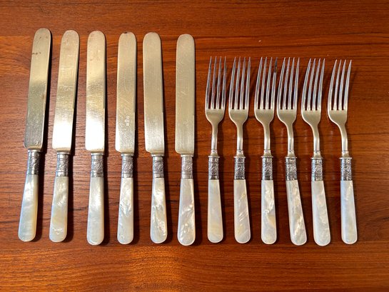Mother Of Pearl And Sterling Rim Of Forks And Knives Set Of 12