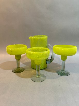 Mexican Large Yellow Swirl Margarita Pitcher And 3 Glasses