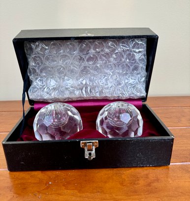 Pair Of Heavy Crystal Candle Holders With Velvet Lined Storage Box