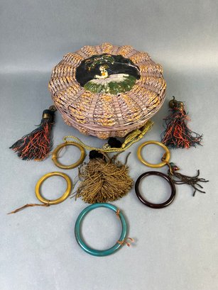 Vintage Sewing Basket With Glass Rings And Tassels.