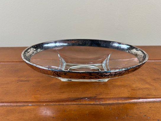 Oval Clear Glass Small Serving Dish With Silver Plate Rim