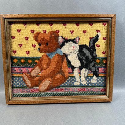 Childrens Needlepoint Picture -bear & Cat