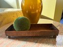 Lot Of 3 Decor: Brass Stamped Tray, Gold Painted Vase And Faux Moss Decor Ball