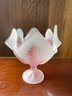 Lot Of 3 Shabby Chic Decor: Handpainted Vase, Viking Frosted Pink 'Handkerchief' Bowl, Brass Bow