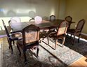 Antique French Marbled & Inlay Walnut Dining Table With Leaves & 8 Walnut W/caned Back/seat Dining Chairs