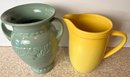 Teal Green Vase And Yellow Stoneware Pitcher