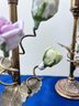 8 1/2 Inch Brass Candlesticks With Porcelain Roses.