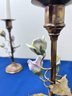 8 1/2 Inch Brass Candlesticks With Porcelain Roses.
