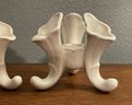Pair Of Vintage Empire Ware White Triple Horn Vase & Candle Holder - England