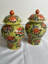 Pair Vintage Floral Multi Color Vases With Lids