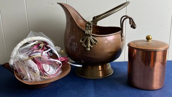 Copper Pitcher, Covered Jar And Basket.