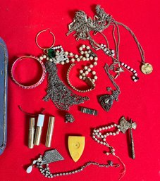 Lot Of Costume Jewerly And Trinkets In Vintage Box