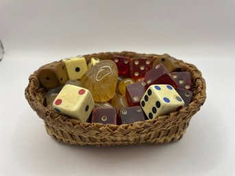 Vintage Basket Of Old Dice And Agates