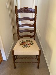 Wood Ladder/Slat Back Chair With Needlepoint Seat