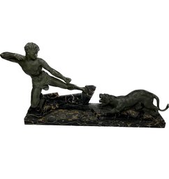 Jean De Roncourt 1930s Art Deco Bronze Warrior Sculpture With Marble Pedestal