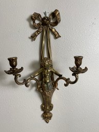 Large 2 Arm Brass Candle Cupid Wall Sconce
