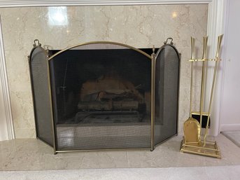 Lot Of 2 Fireplace Items: Brass Screen And Tools