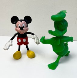 Vintage Walt Disney Green Donald Duck Hard Plastic Louis Marx Co. 1971 And Applause Mickey Mouse Figurines